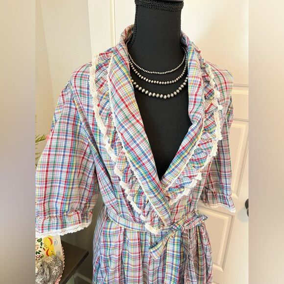 Robert Hunter Vintage 70s Rainbow Plaid Ruffle Puff Sleeve Full Length Robe O/S - Picture 2 of 12